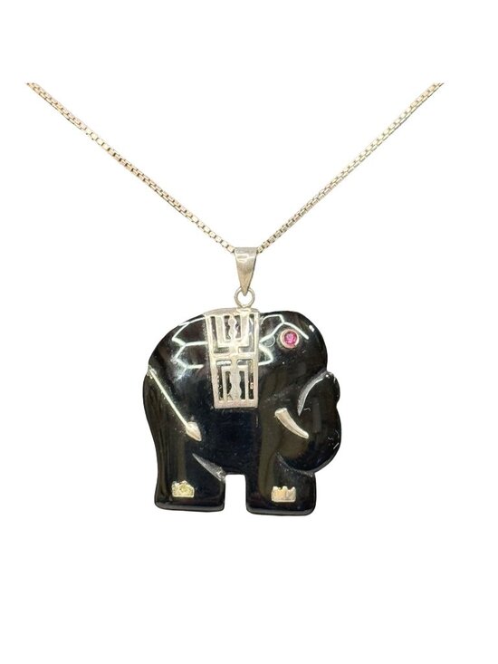 Vintage Jewelry - Sterling Silver Elephant Pendant Necklace Black Onyx Box Chain 24" Made In Italy